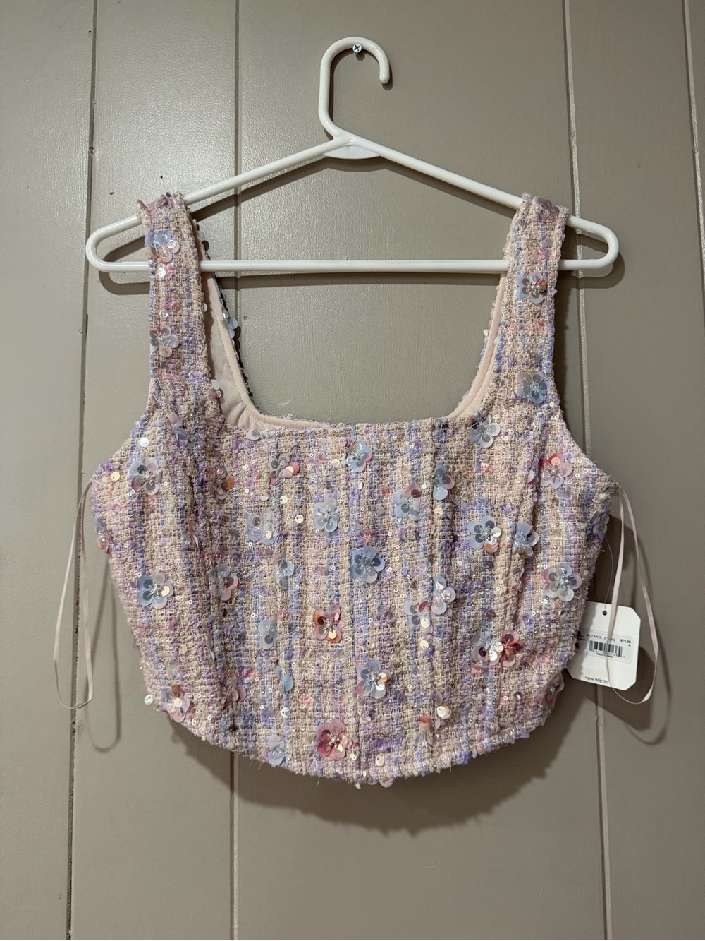 Altar'd State Pink Lavender Sequin Floral Tweed Crop Top
